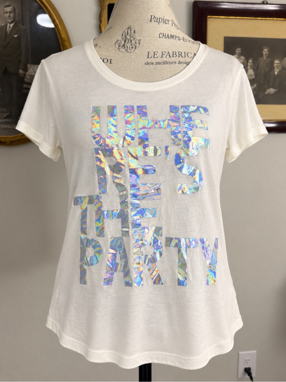 Wildfox White Short-Sleeve Tee with Iridescent Holographic Text